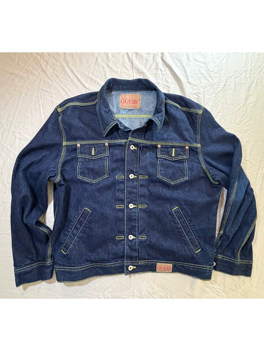 Vintage GUESS USA Made Indigo Denim Trucker Jacket XXL Yellow Stitch 90s